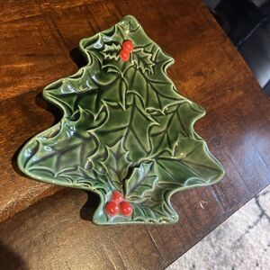 Vintage Lefton Holly Tree Ceramic CandyDish 12x9.5” Christmas Tray 1970/71 Japan